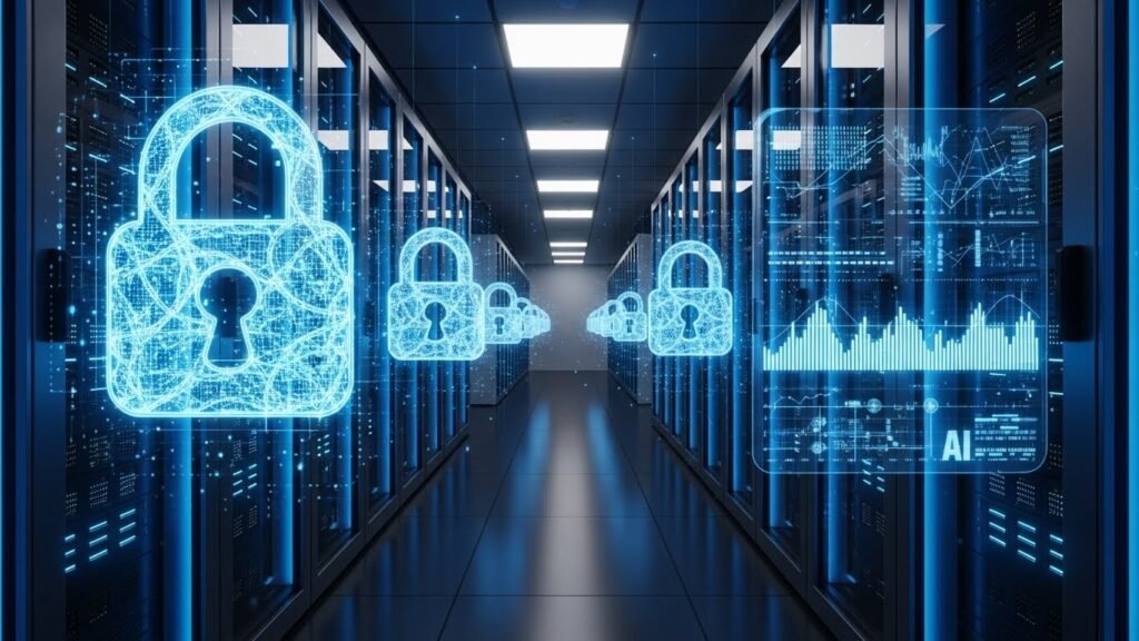 암호화된 데이터 블록을 연산하는 AI 서버실과 보안 알고리즘 시각화