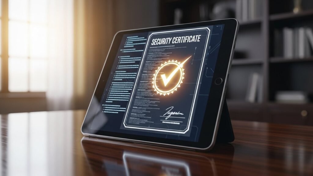 데이터 무결성 검증이 완료된 보안 인증서와 황금빛 체크마크 아이콘