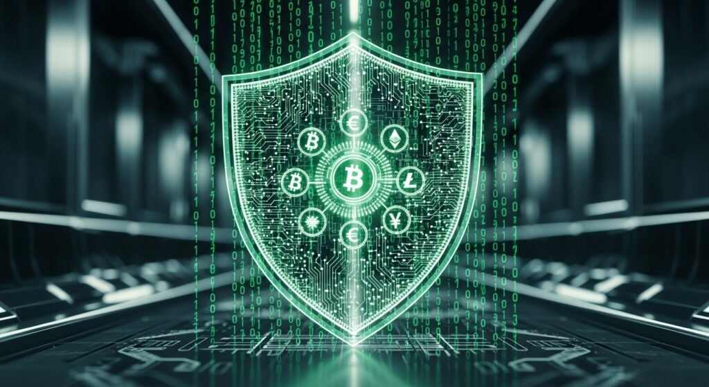 디지털 자산을 보호하는 강력한 암호화 네트워크와 사이버 보안 방패 이미지
