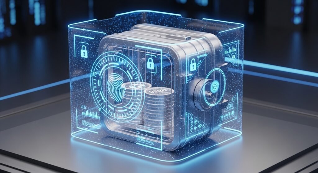 디지털 자물쇠와 보안 레이저로 보호되고 있는 안전한 테더 코인 자산 그래픽