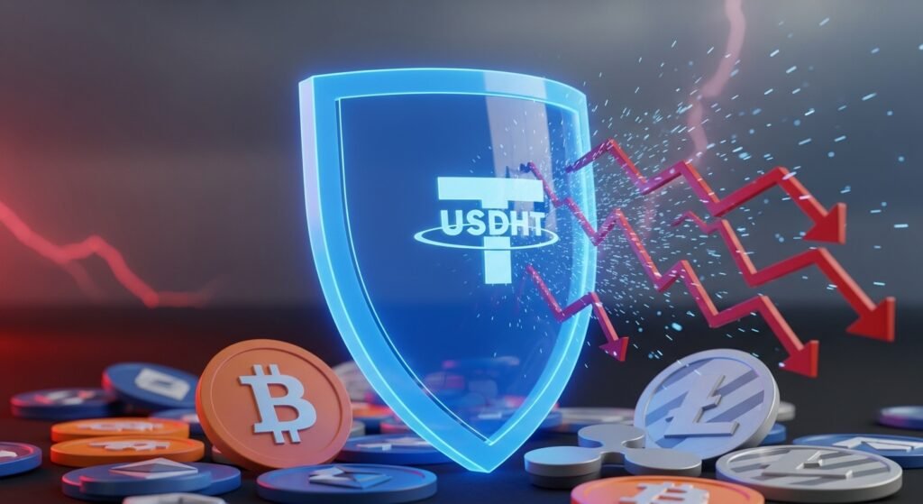 시장의 급락으로부터 자산을 보호하는 테더 로고가 새겨진 디지털 방패