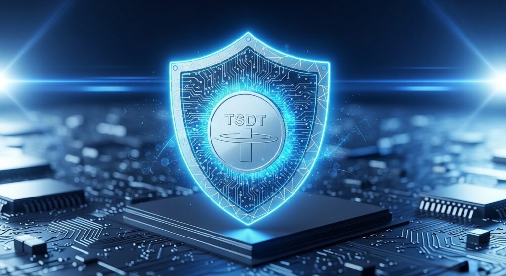 안전한 코인 거래를 상징하는 테더 심볼과 디지털 암호화 보안 실드 이미지