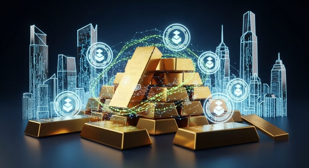 금괴와 현대적인 건축물 위로 겹쳐진 디지털 토큰 그리드, RWA 코인의 개념 시각화
